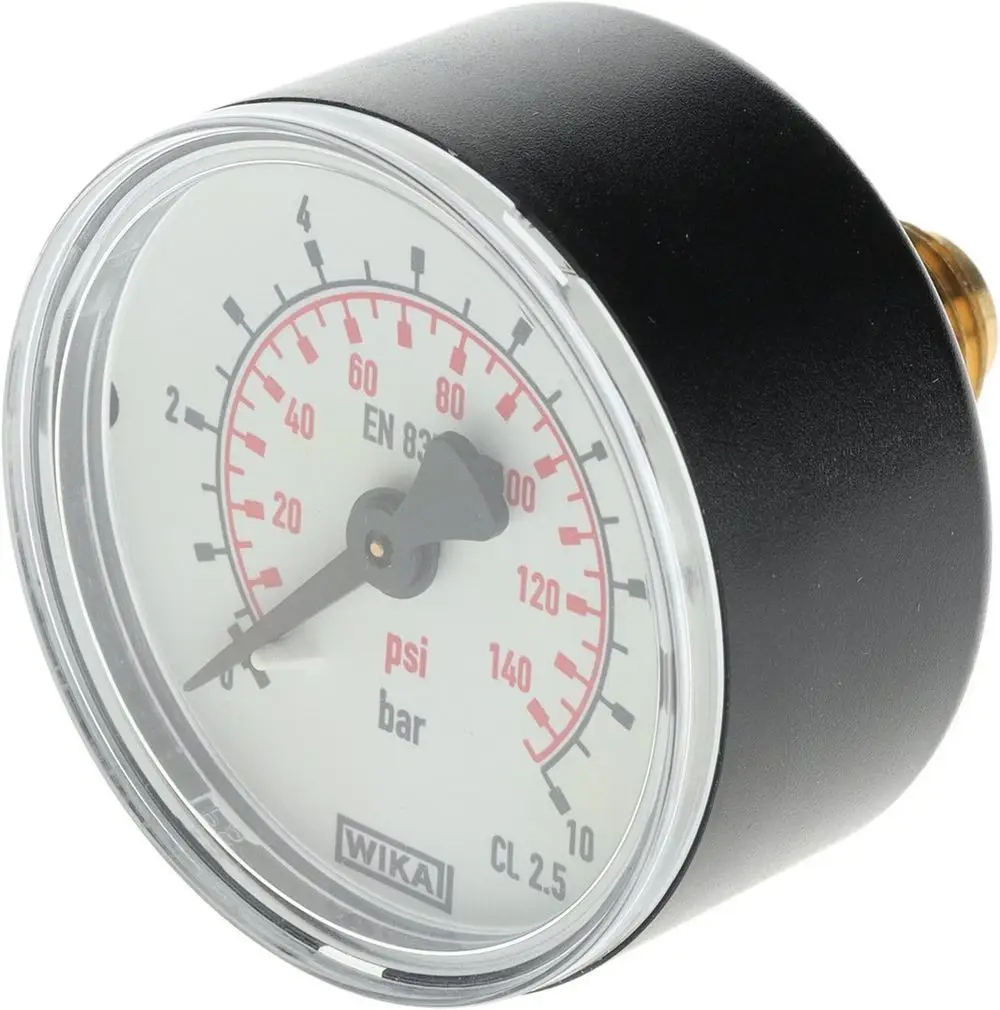 Manometer von Bosch mit einem klaren Ziffernblatt, das Druckwerte in psi und bar anzeigt. Das Gehäuse ist schwarz, und es besitzt einen Anschluss für die Montage.
